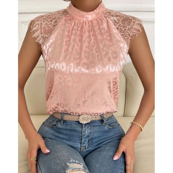 Leopard Elegant Dusty Pink Contrast Lace Satin Blouse - Picture 6 of 6